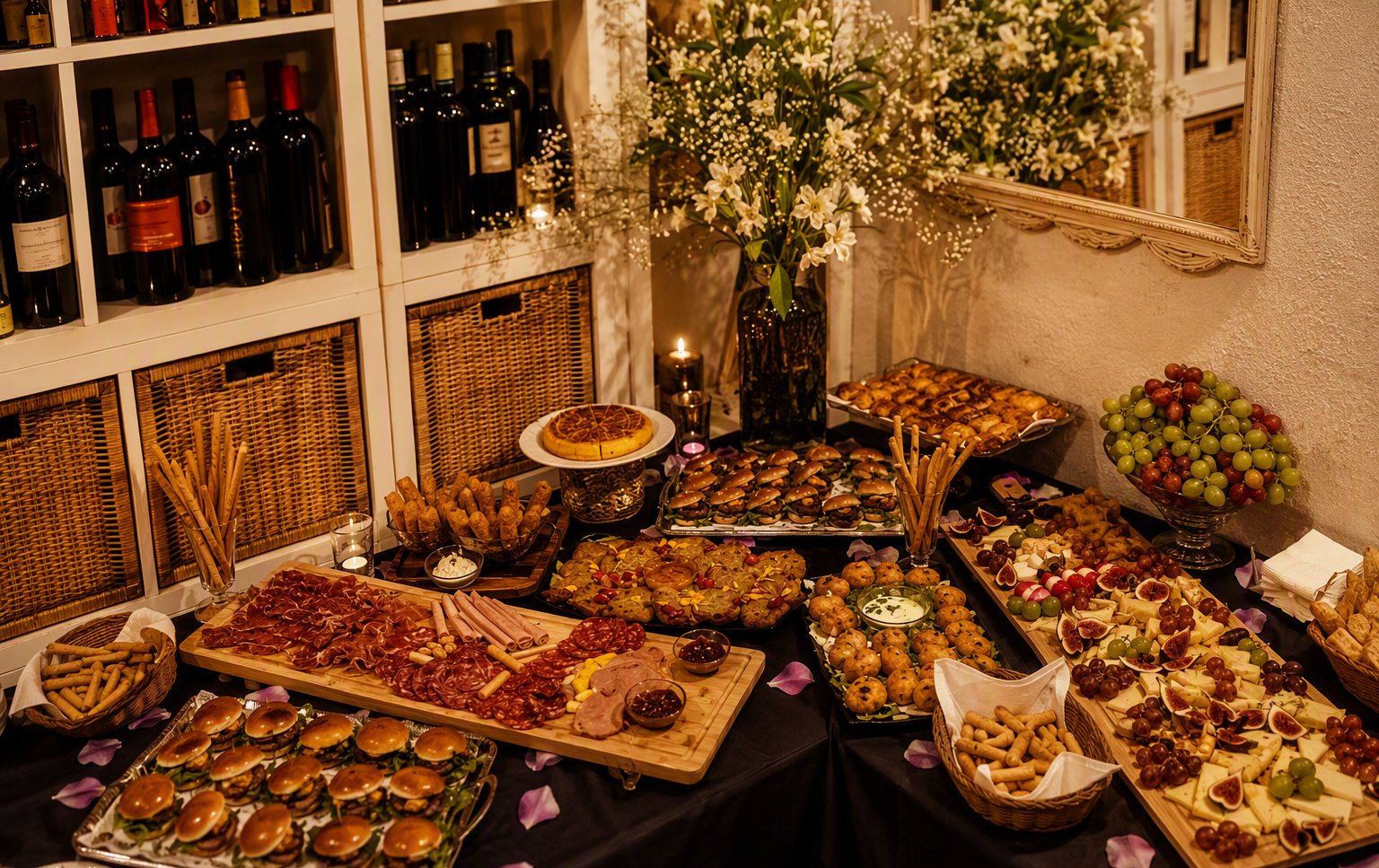 Inside the bodega — wine shelves and a generous spread